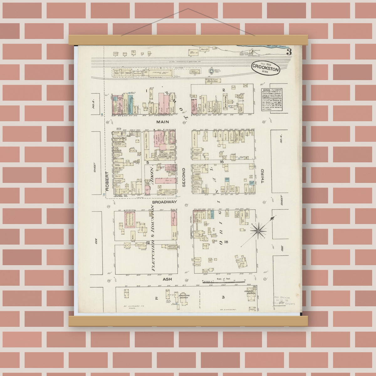 Old map wall art mockup — magnetic wood frame on brick wall — Sanborn Fire Insurance Map from Crookston, Polk County, Minnesota (1884), Sheet #0003