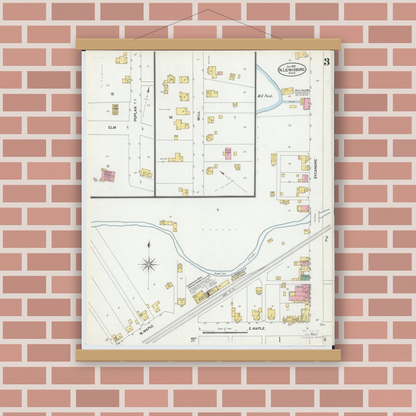 Old map wall art mockup — magnetic wood frame on brick wall — Sanborn Fire Insurance Map from North Lewisburg, Champaign County, Ohio (1901), Sheet #0003
