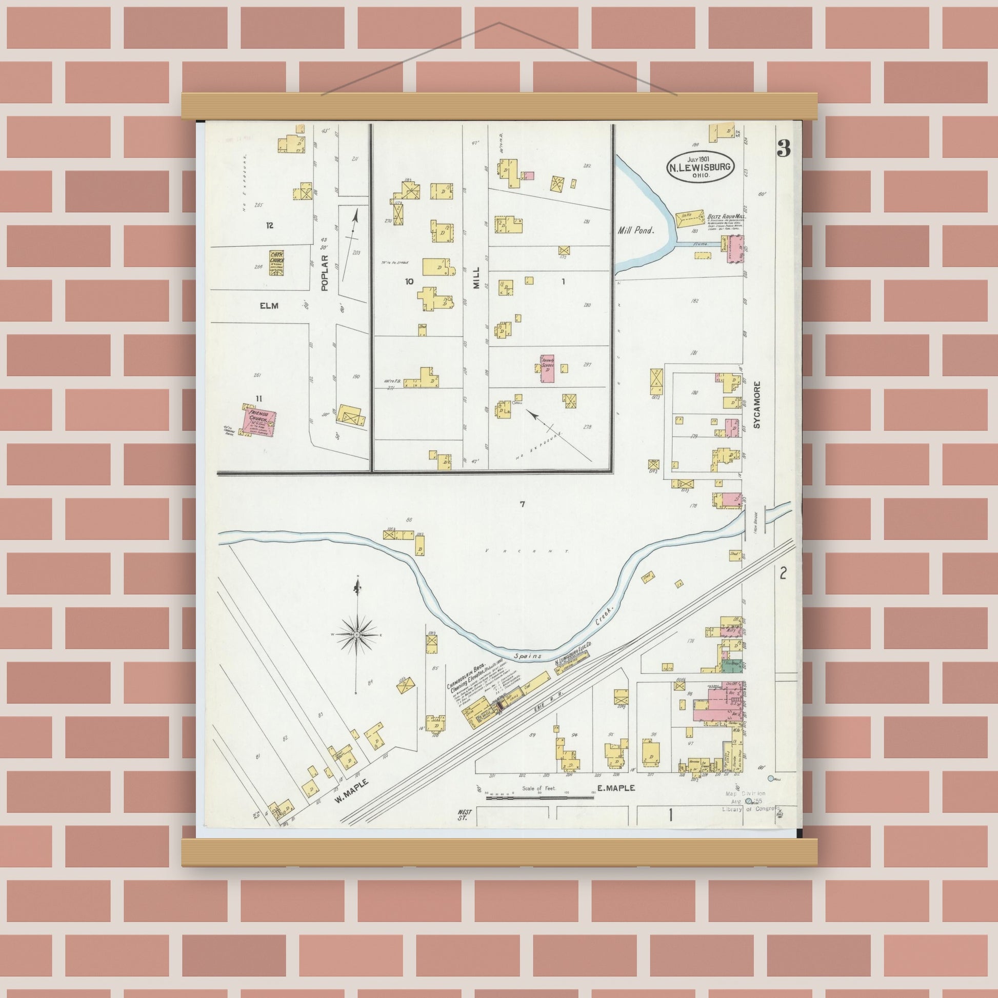 Old map wall art mockup — magnetic wood frame on brick wall — Sanborn Fire Insurance Map from North Lewisburg, Champaign County, Ohio (1901), Sheet #0003