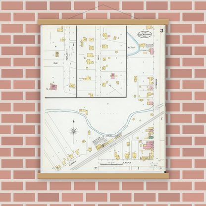Old map wall art mockup — magnetic wood frame on brick wall — Sanborn Fire Insurance Map from North Lewisburg, Champaign County, Ohio (1901), Sheet #0003
