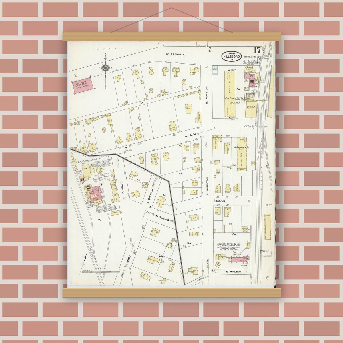 Old map wall art mockup — magnetic wood frame on brick wall — Sanborn Fire Insurance Map from Hillsboro, Hill County, Texas (1911), Sheet #0017