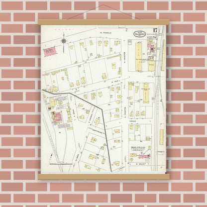 Old map wall art mockup — magnetic wood frame on brick wall — Sanborn Fire Insurance Map from Hillsboro, Hill County, Texas (1911), Sheet #0017