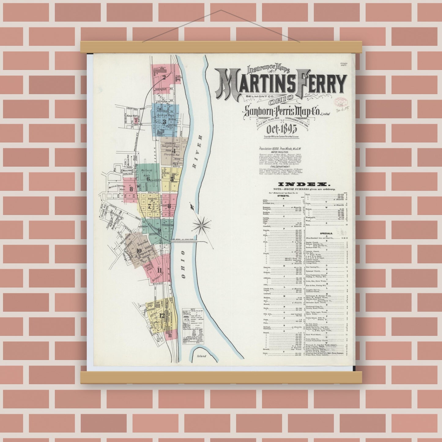 Old map wall art mockup — magnetic wood frame on brick wall — Sanborn Fire Insurance Map from Martins Ferry, Belmont County, Ohio (1895), Sheet #0001