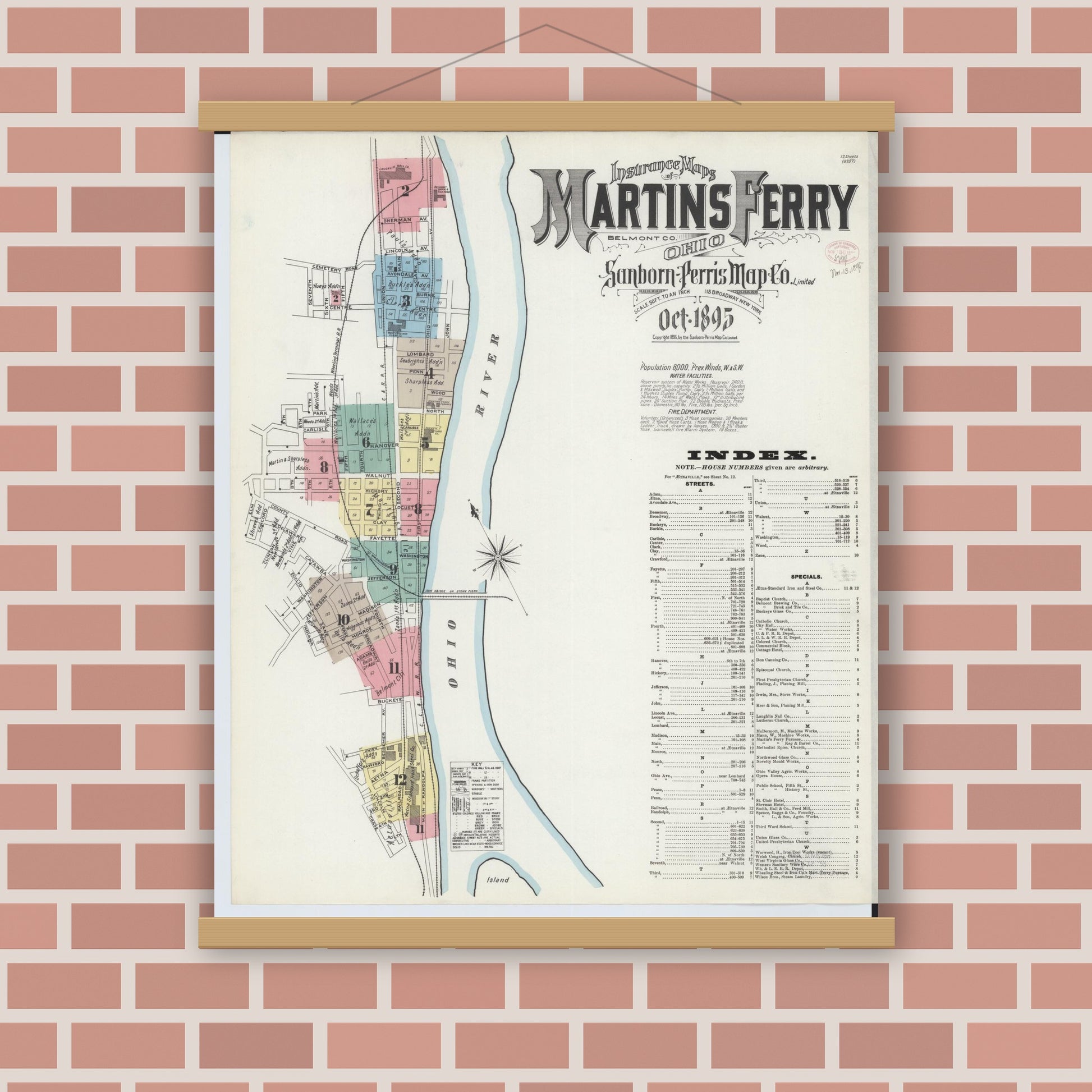 Old map wall art mockup — magnetic wood frame on brick wall — Sanborn Fire Insurance Map from Martins Ferry, Belmont County, Ohio (1895), Sheet #0001