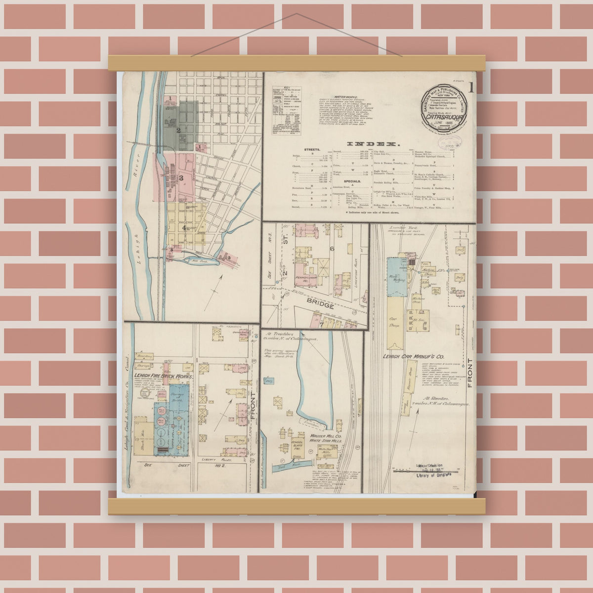 Old map wall art mockup — magnetic wood frame on brick wall — Sanborn Fire Insurance Map from Catasauqua, Lehigh County, Pennsylvania (1885), Sheet #0001
