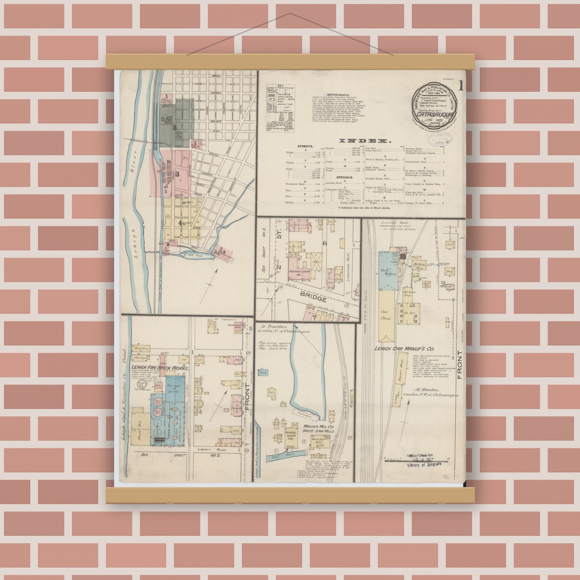 Old map wall art mockup — magnetic wood frame on brick wall — Sanborn Fire Insurance Map from Catasauqua, Lehigh County, Pennsylvania (1885), Sheet #0001