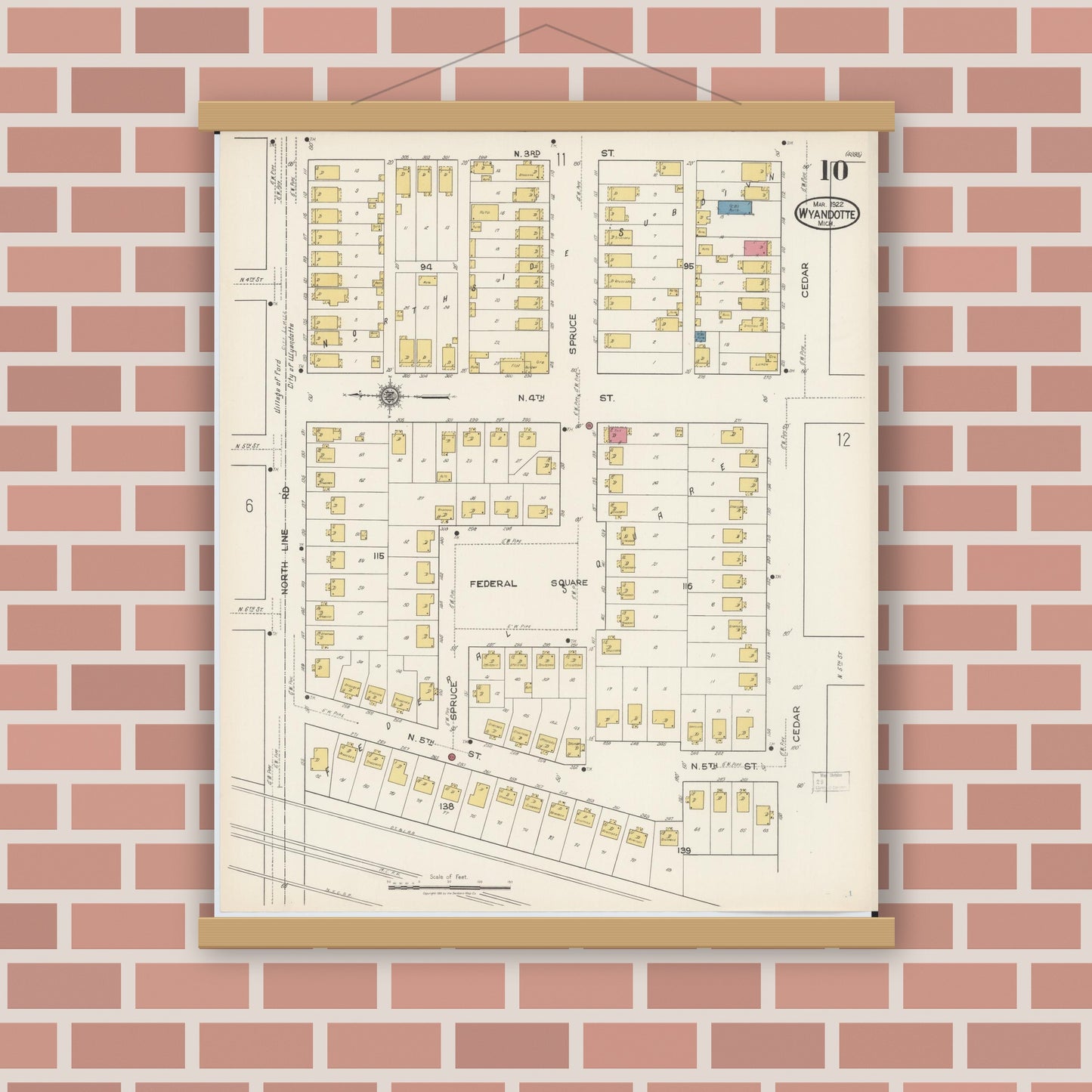 Old map wall art mockup — magnetic wood frame on brick wall — Sanborn Fire Insurance Map from Wyandotte, Wayne County, Michigan (1922), Sheet #0010