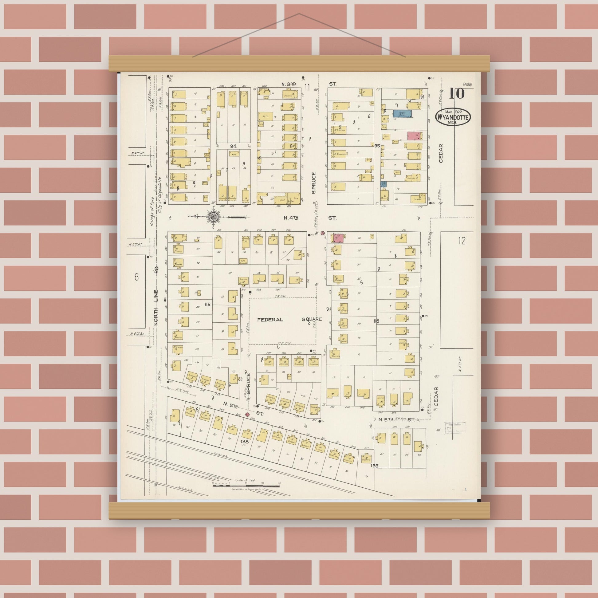 Old map wall art mockup — magnetic wood frame on brick wall — Sanborn Fire Insurance Map from Wyandotte, Wayne County, Michigan (1922), Sheet #0010
