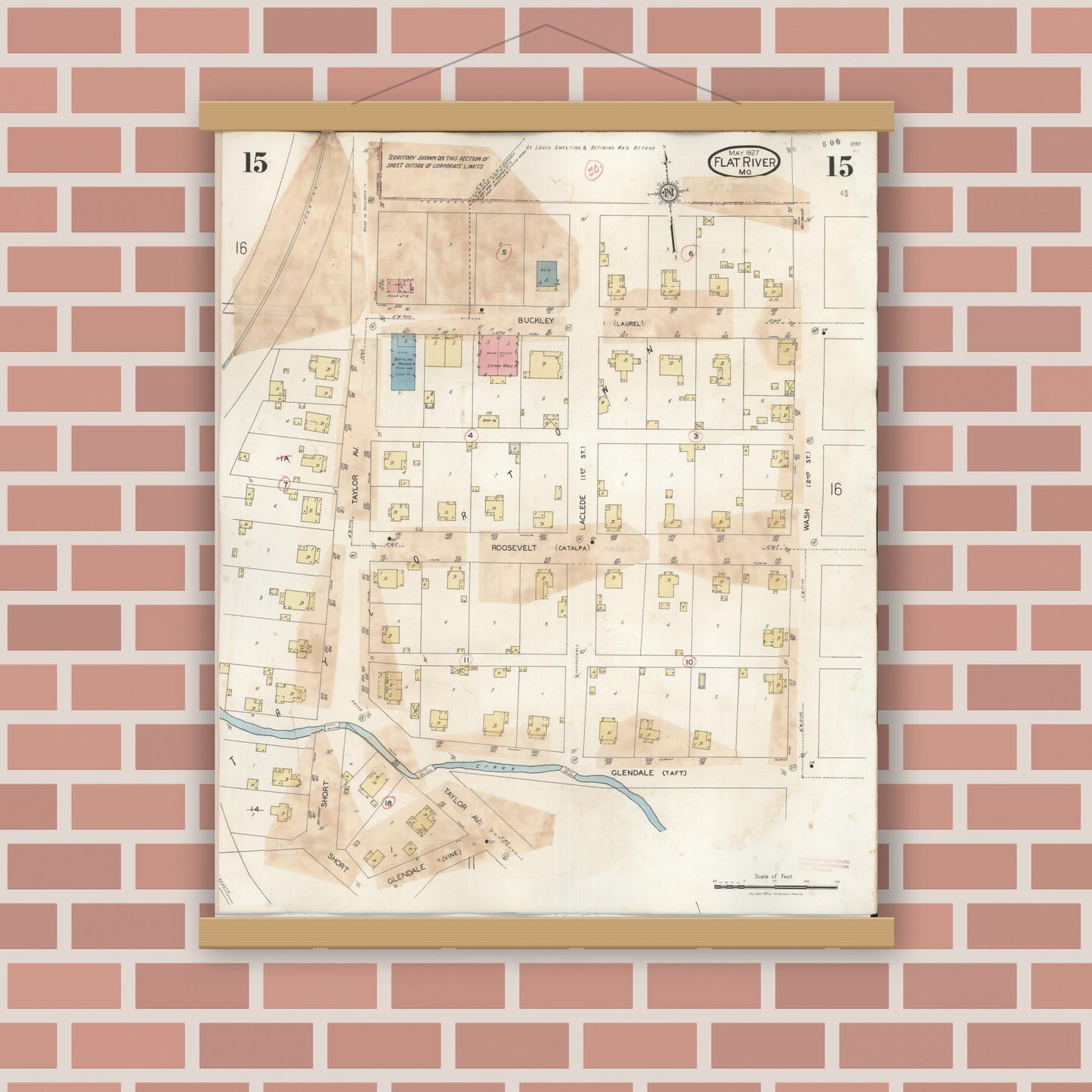 Old map wall art mockup — magnetic wood frame on brick wall — Sanborn Fire Insurance Map from Flat River, Saint Francois County, Missouri (1938), Sheet #0015