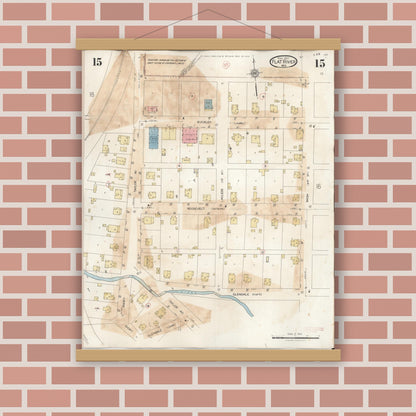 Old map wall art mockup — magnetic wood frame on brick wall — Sanborn Fire Insurance Map from Flat River, Saint Francois County, Missouri (1938), Sheet #0015