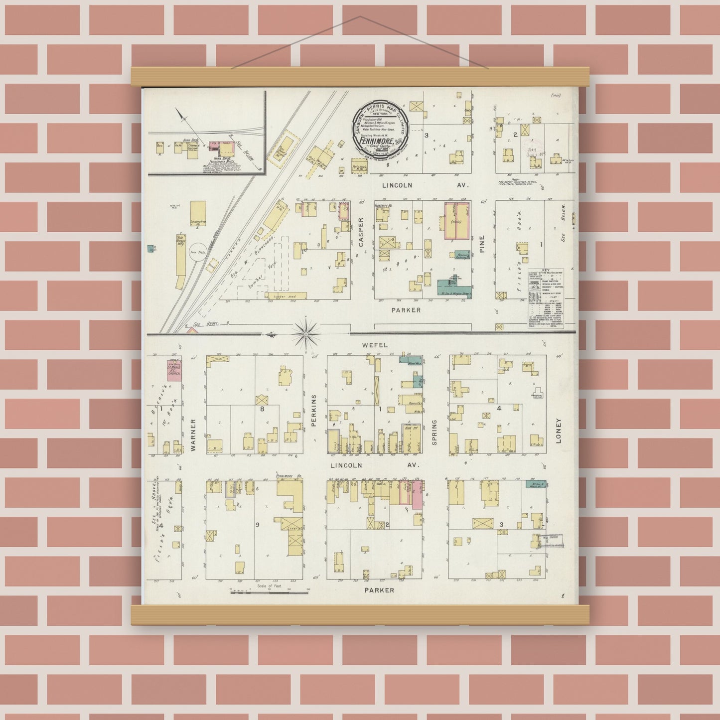 Old map wall art mockup — magnetic wood frame on brick wall — Sanborn Fire Insurance Map from Fennimore, Grant County, Wisconsin (1894), Sheet #0001
