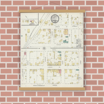 Old map wall art mockup — magnetic wood frame on brick wall — Sanborn Fire Insurance Map from Fennimore, Grant County, Wisconsin (1894), Sheet #0001