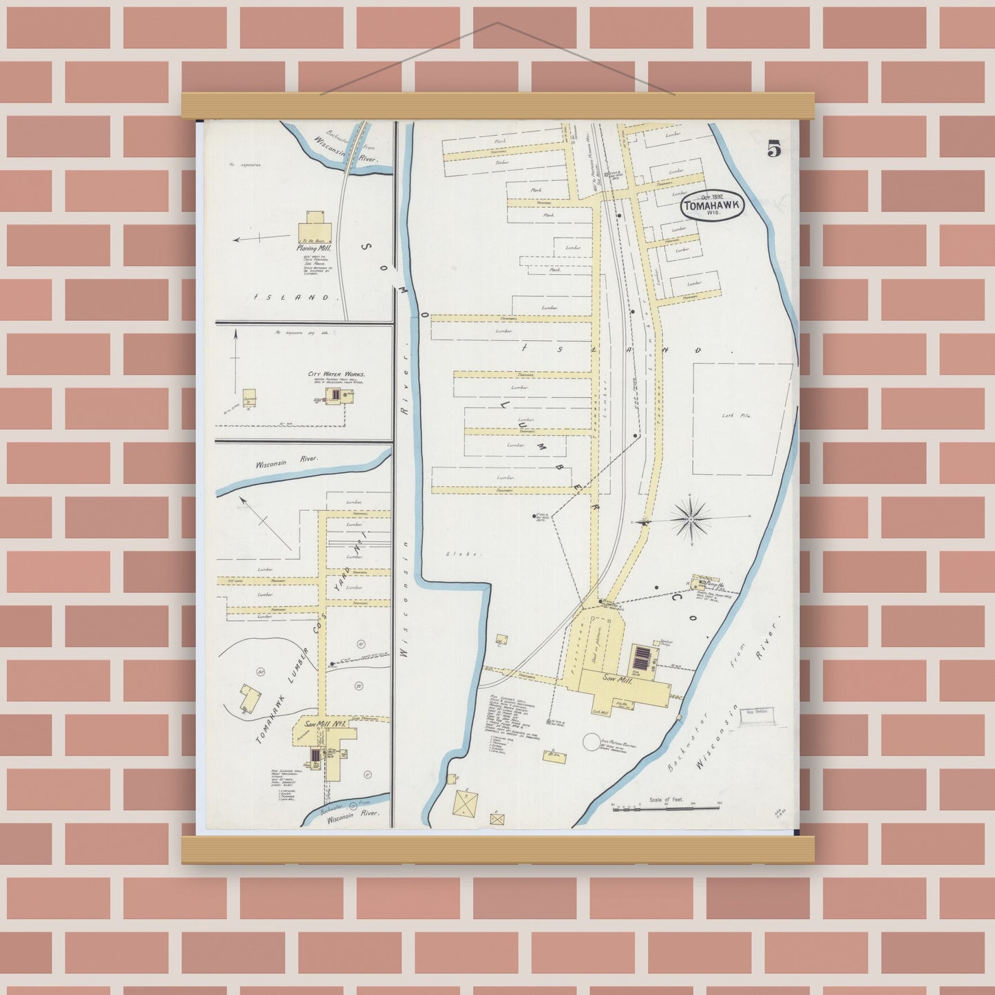 Old map wall art mockup — magnetic wood frame on brick wall — Sanborn Fire Insurance Map from Tomahawk, Lincoln County, Wisconsin (1892), Sheet #0005