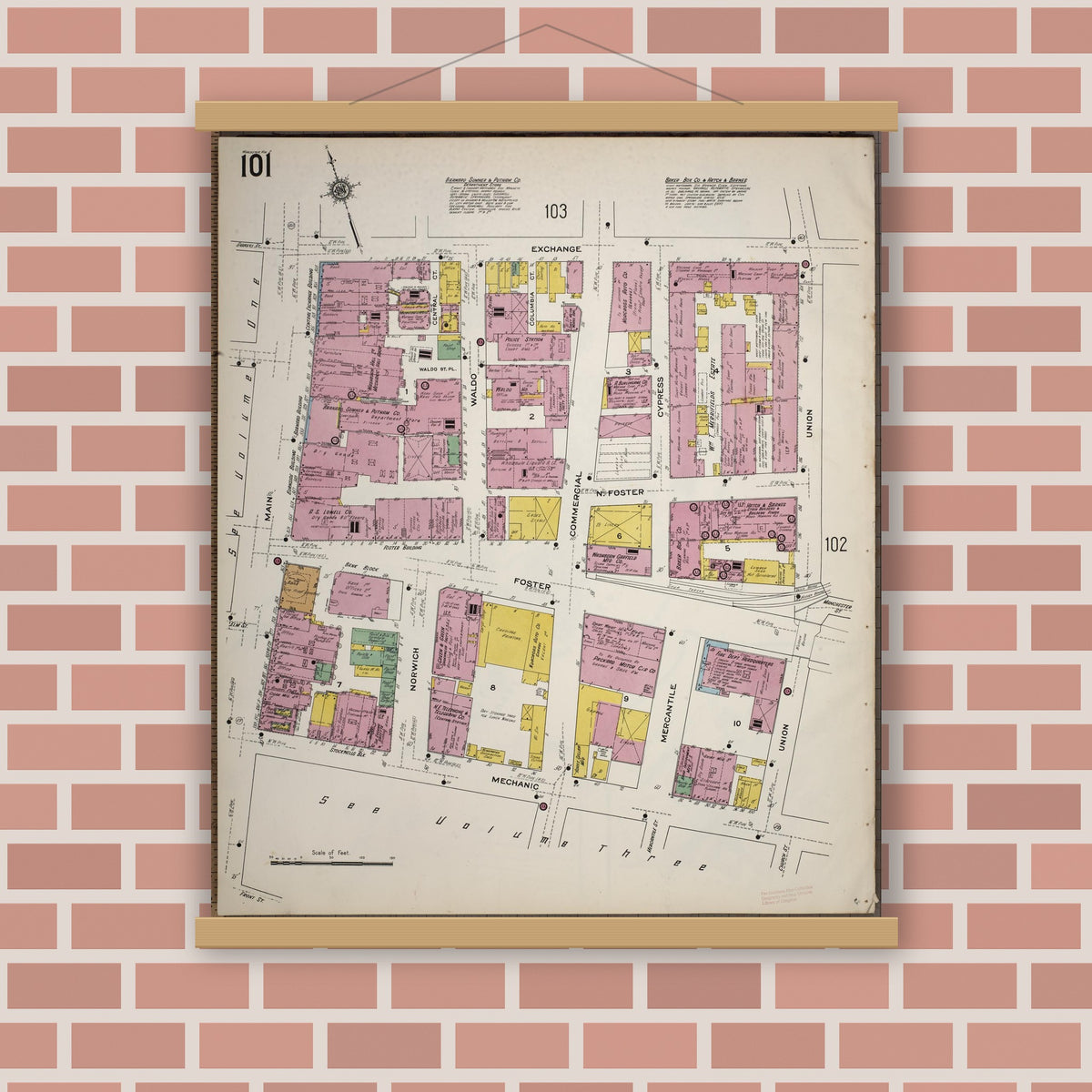 Old map wall art mockup — magnetic wood frame on brick wall — Sanborn Fire Insurance Map from Worcester, Worcester County, Massachusetts (1910), Sheet #0101