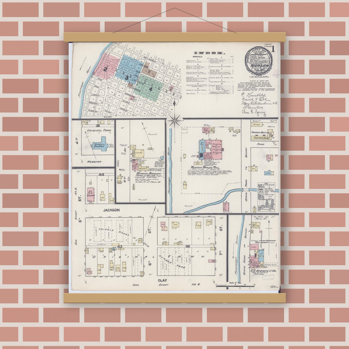 Old map wall art mockup — magnetic wood frame on brick wall — Sanborn Fire Insurance Map from Warsaw, Hancock County, Illinois (1890) - Complete Map Set