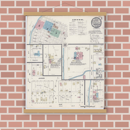 Old map wall art mockup — magnetic wood frame on brick wall — Sanborn Fire Insurance Map from Warsaw, Hancock County, Illinois (1890) - Complete Map Set