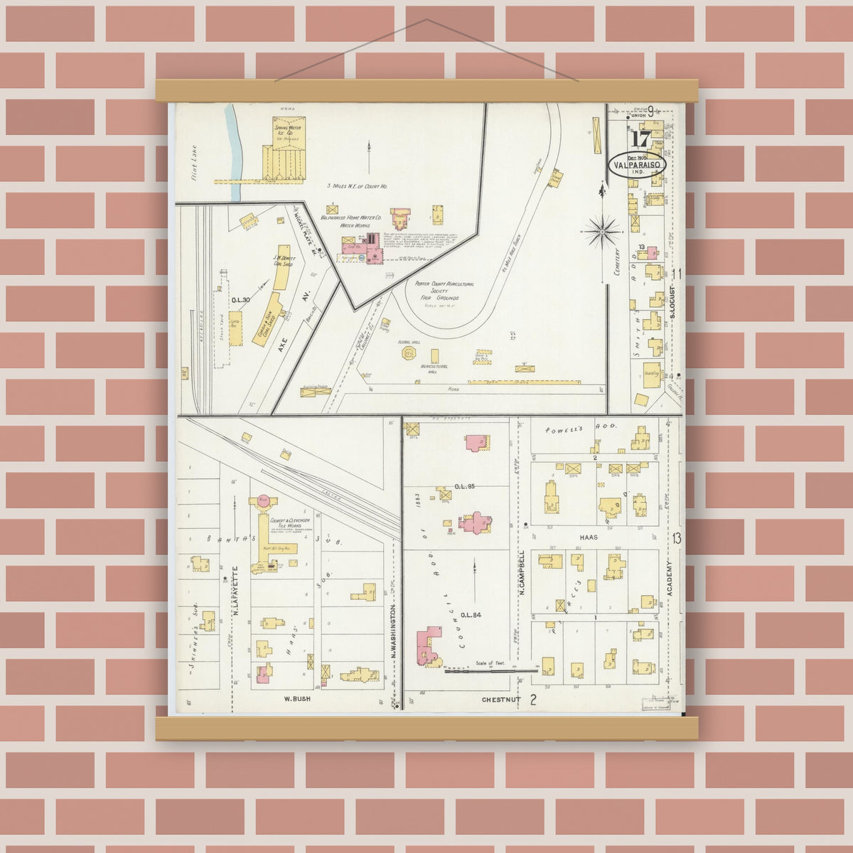 Old map wall art mockup — magnetic wood frame on brick wall — Sanborn Fire Insurance Map from Valparaiso, Porter County, Indiana (1905), Sheet #0017