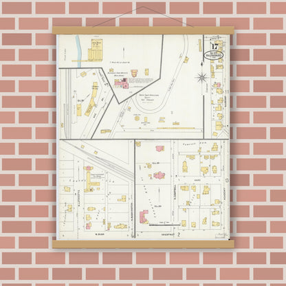 Old map wall art mockup — magnetic wood frame on brick wall — Sanborn Fire Insurance Map from Valparaiso, Porter County, Indiana (1905), Sheet #0017