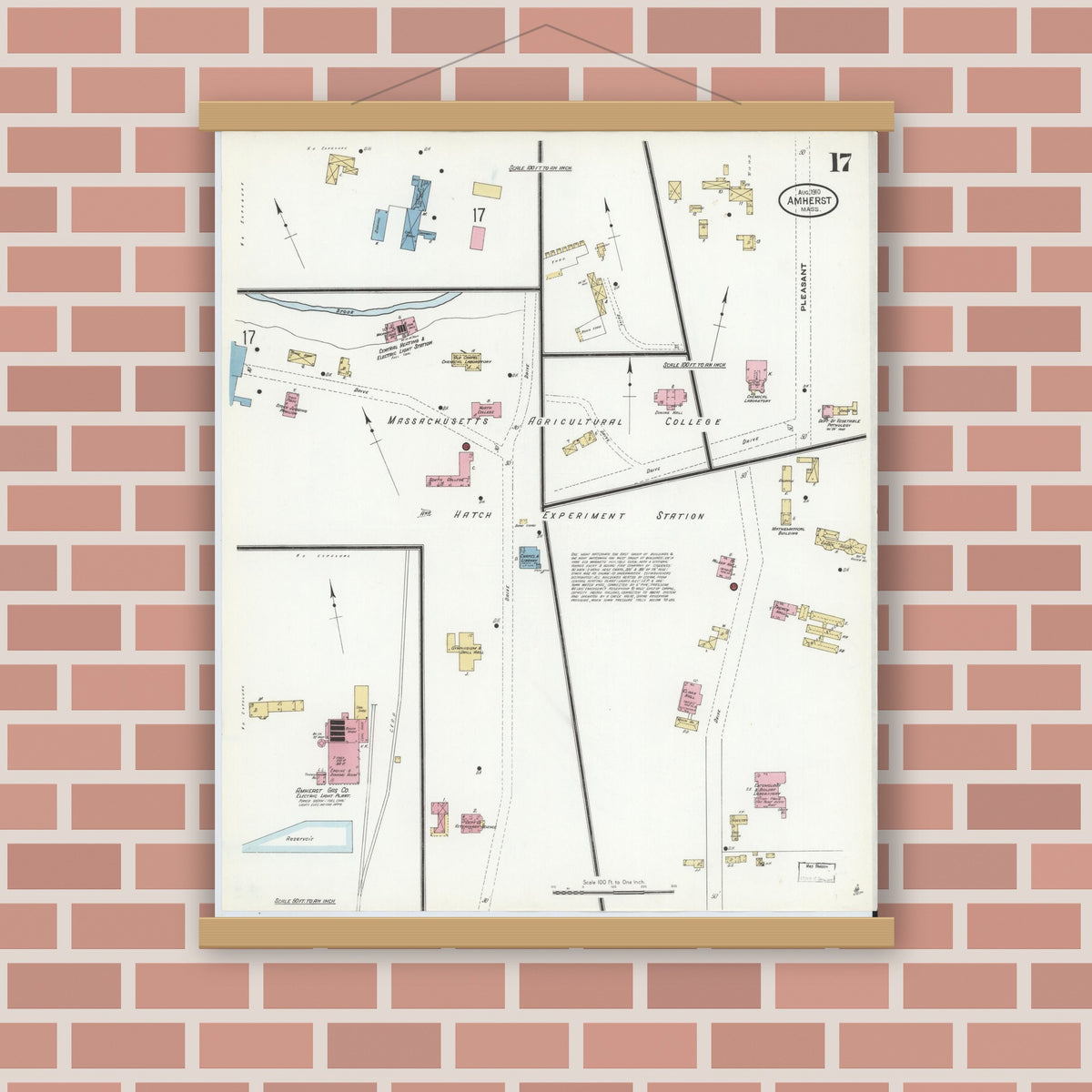 Old map wall art mockup — magnetic wood frame on brick wall — Sanborn Fire Insurance Map from Amherst, Hampshire County, Massachusetts (1910), Sheet #0017