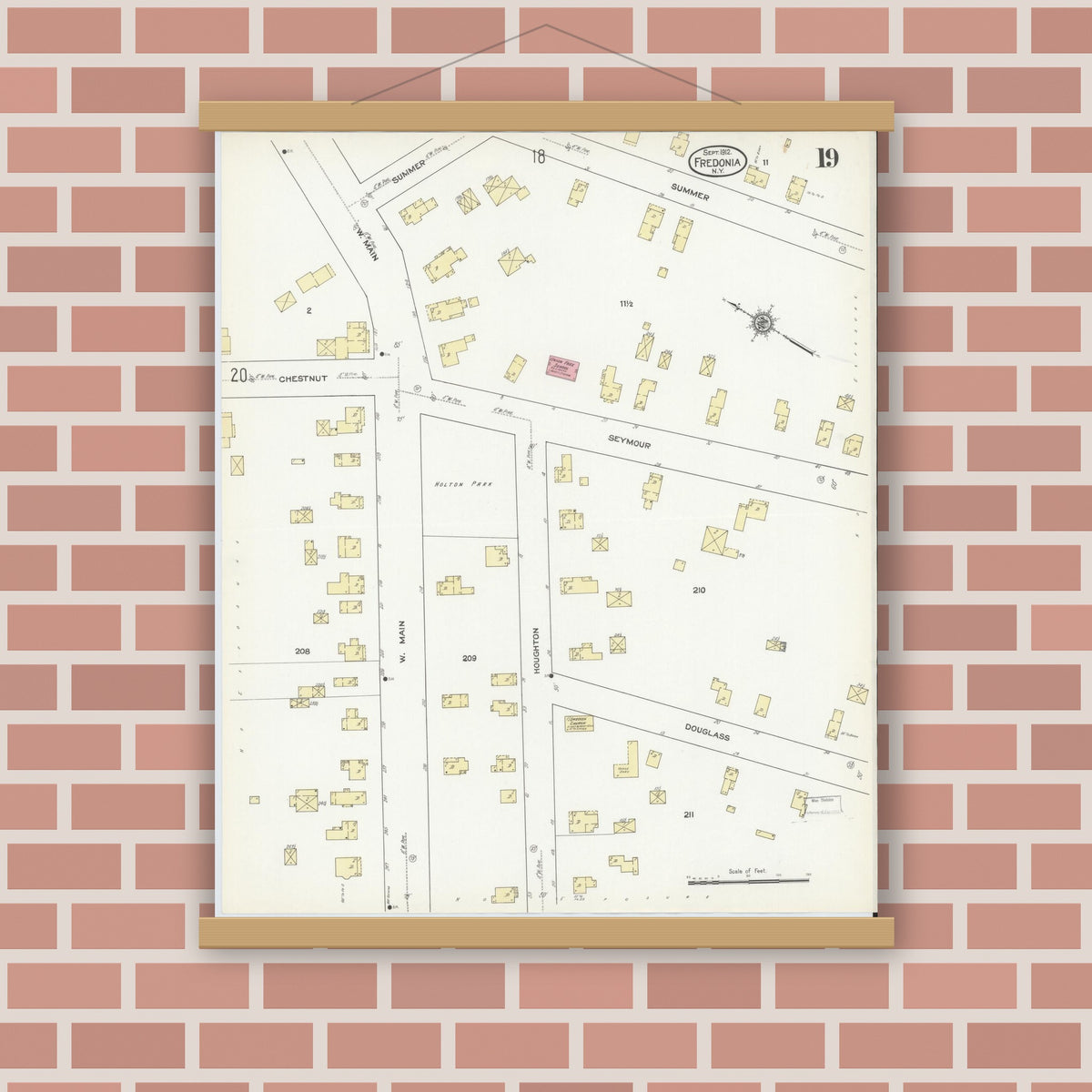 Old map wall art mockup — magnetic wood frame on brick wall — Sanborn Fire Insurance Map from Fredonia, Chautauqua County, New York (1912), Sheet #0019
