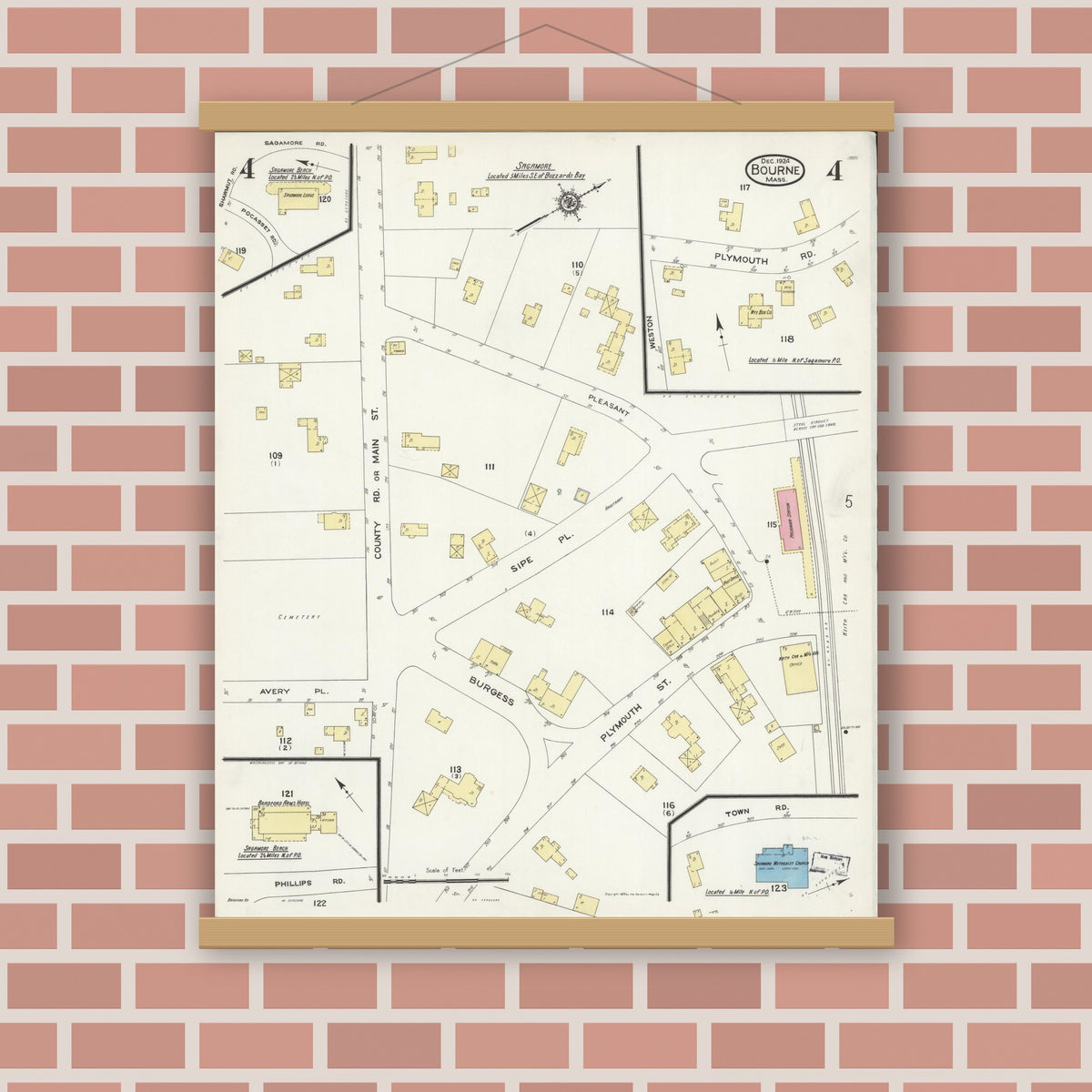 Old map wall art mockup — magnetic wood frame on brick wall — Sanborn Fire Insurance Map from Bourne, Barnstable County, Massachusetts (1924), Sheet #0004