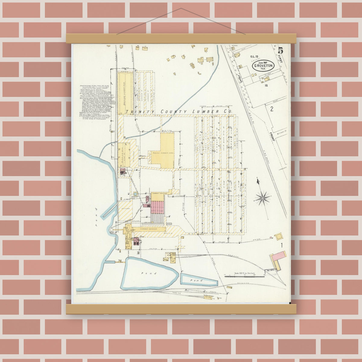 Old map wall art mockup — magnetic wood frame on brick wall — Sanborn Fire Insurance Map from Groveton, Trinity County, Texas (1907), Sheet #0005