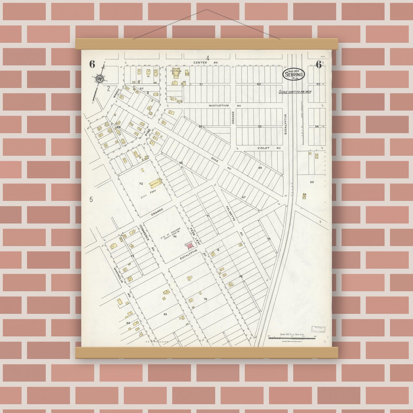 Old map wall art mockup — magnetic wood frame on brick wall — Sanborn Fire Insurance Map from Sebring, Highlands County, Florida (1924), Sheet #0006