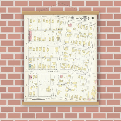 Old map wall art mockup — magnetic wood frame on brick wall — Sanborn Fire Insurance Map from Kendallville, Noble County, Indiana (1914), Sheet #0008