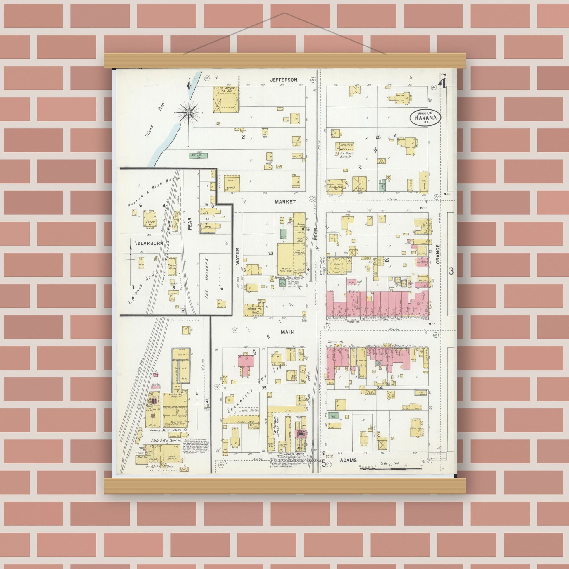 Old map wall art mockup — magnetic wood frame on brick wall — Sanborn Fire Insurance Map from Havana, Mason County, Illinois (1899), Sheet #0004