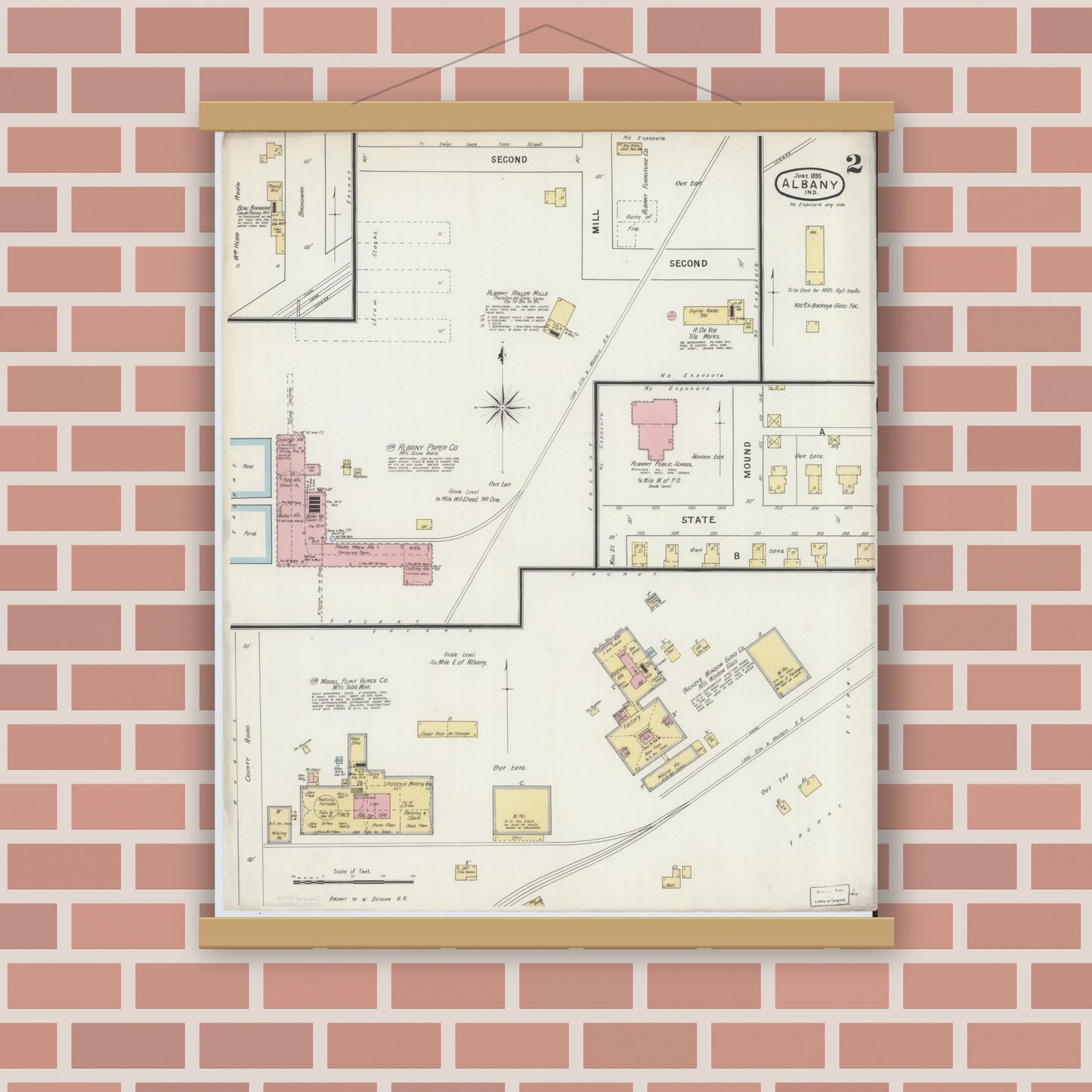 Old map wall art mockup — magnetic wood frame on brick wall — Sanborn Fire Insurance Map from Albany, Delaware County, Indiana (1895), Sheet #0002