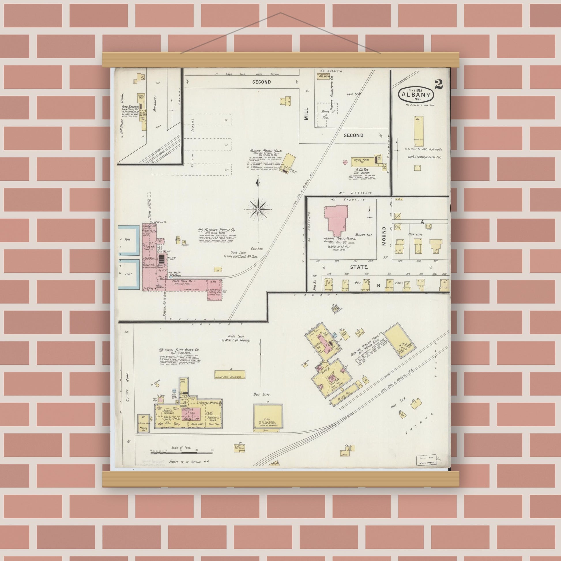 Old map wall art mockup — magnetic wood frame on brick wall — Sanborn Fire Insurance Map from Albany, Delaware County, Indiana (1895), Sheet #0002