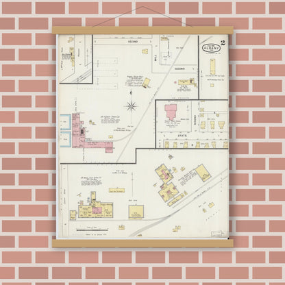 Old map wall art mockup — magnetic wood frame on brick wall — Sanborn Fire Insurance Map from Albany, Delaware County, Indiana (1895), Sheet #0002