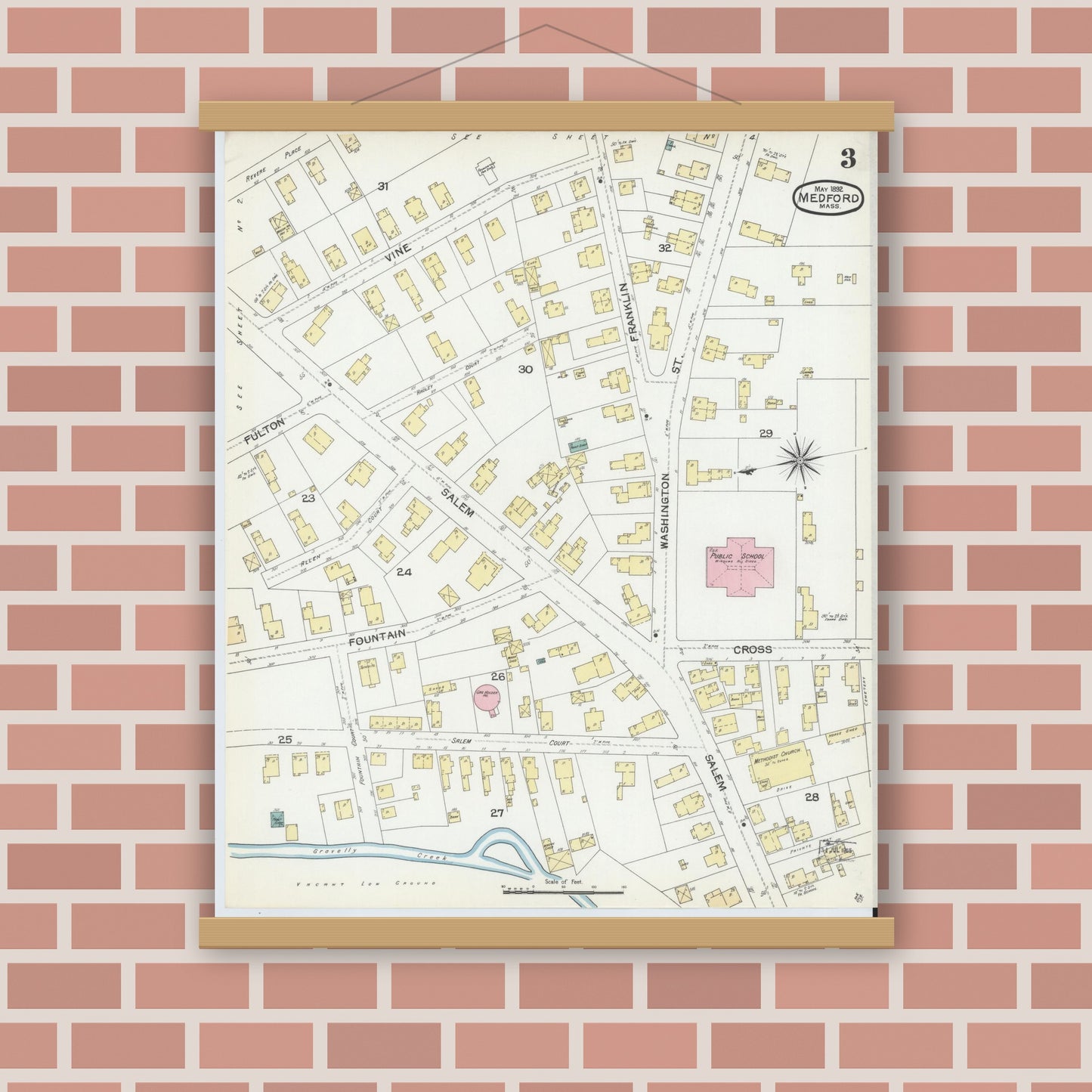 Old map wall art mockup — magnetic wood frame on brick wall — Sanborn Fire Insurance Map from Medford, Middlesex County, Massachusetts (1892), Sheet #0003