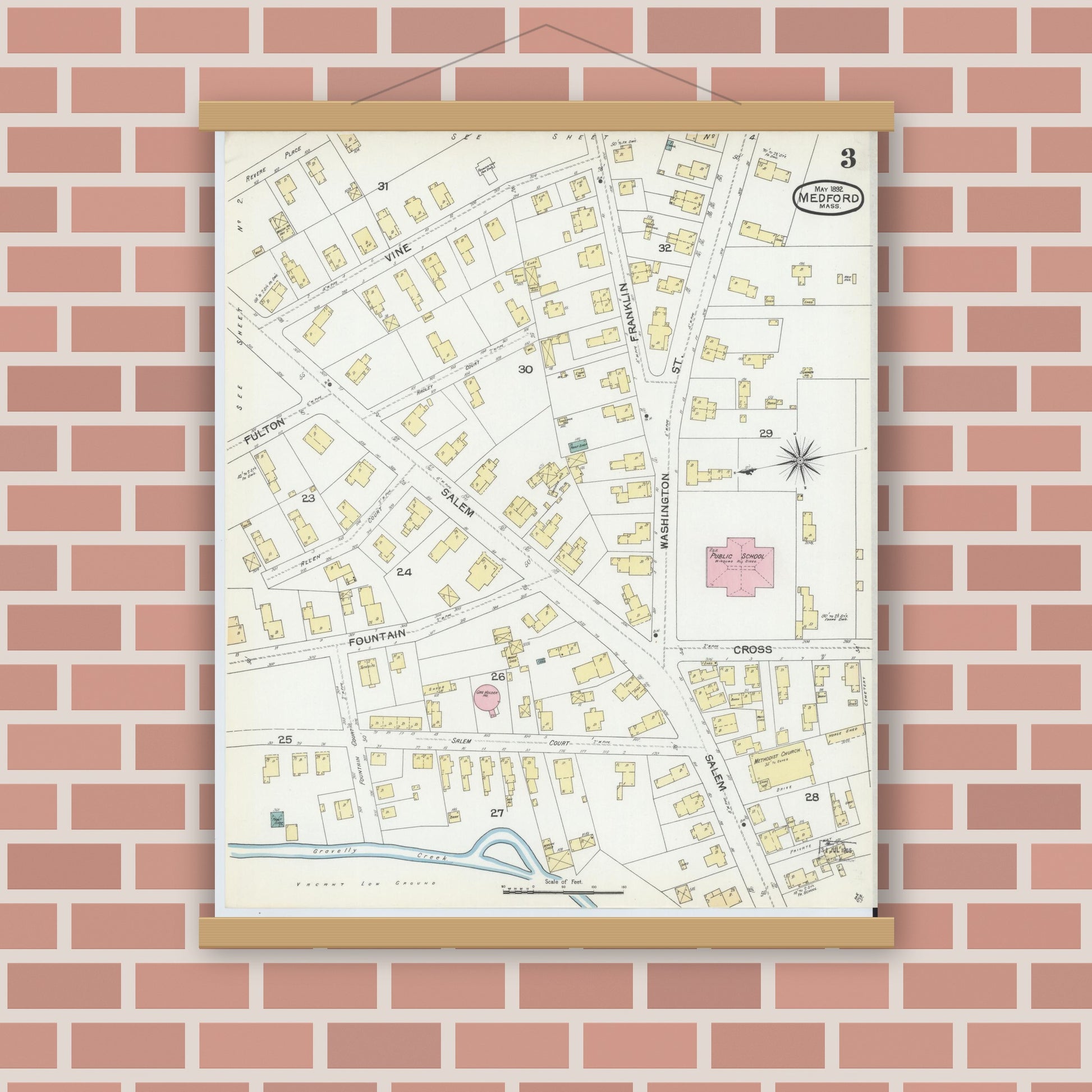 Old map wall art mockup — magnetic wood frame on brick wall — Sanborn Fire Insurance Map from Medford, Middlesex County, Massachusetts (1892), Sheet #0003