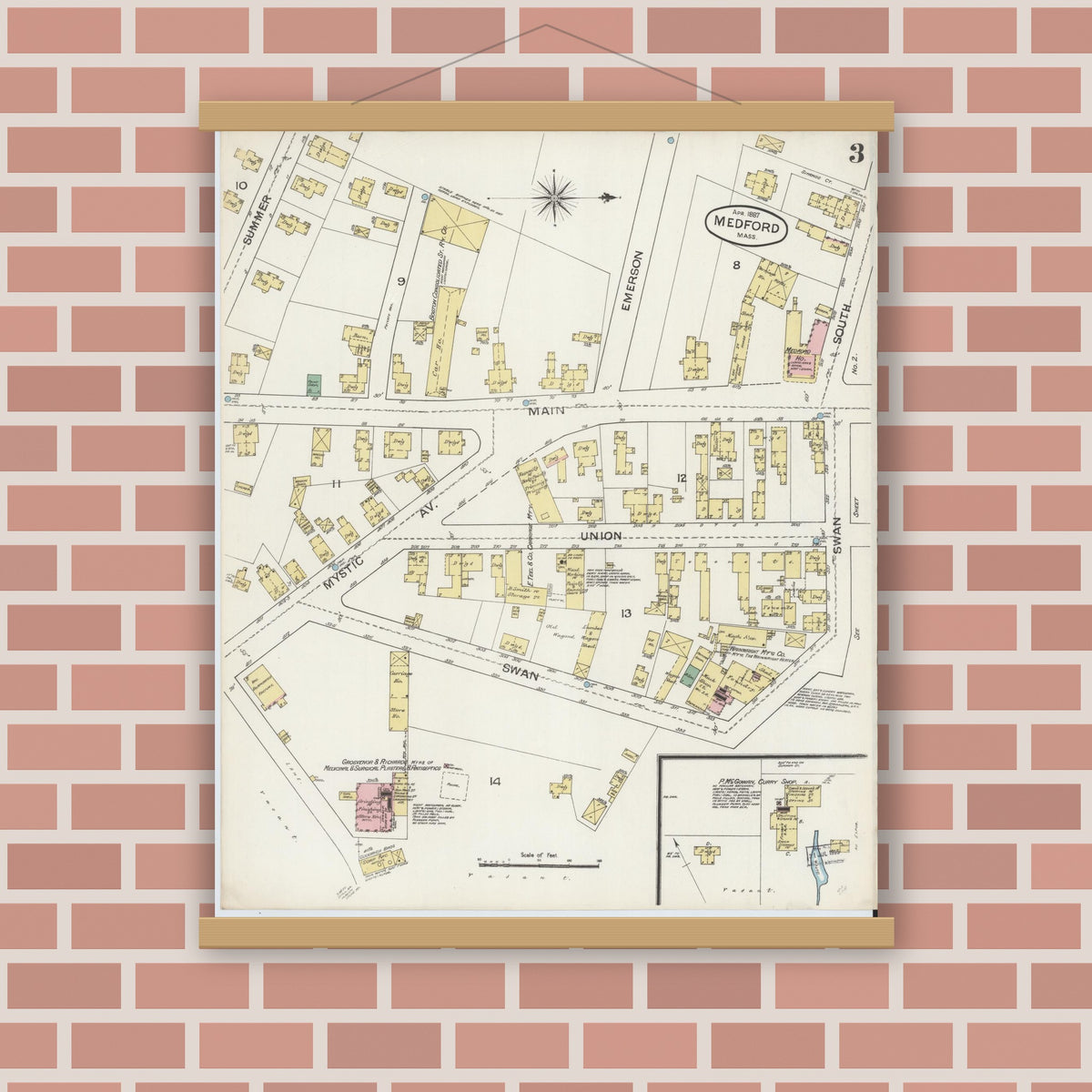 Old map wall art mockup — magnetic wood frame on brick wall — Sanborn Fire Insurance Map from Medford, Middlesex County, Massachusetts (1887), Sheet #0003