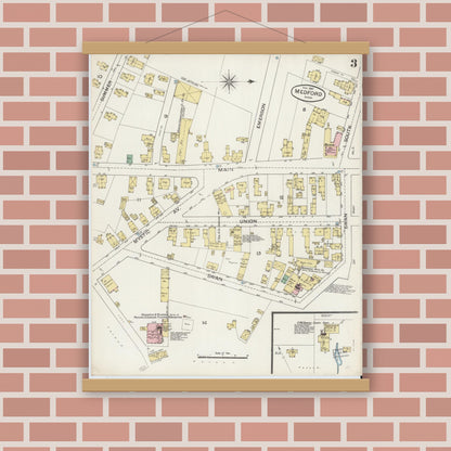 Old map wall art mockup — magnetic wood frame on brick wall — Sanborn Fire Insurance Map from Medford, Middlesex County, Massachusetts (1887), Sheet #0003