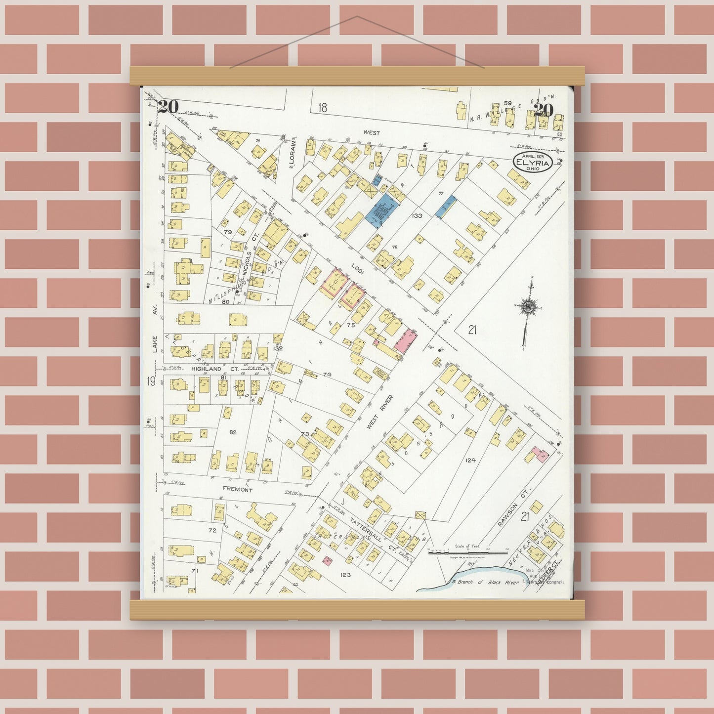 Old map wall art mockup — magnetic wood frame on brick wall — Sanborn Fire Insurance Map from Elyria, Lorain County, Ohio (1925), Sheet #0020
