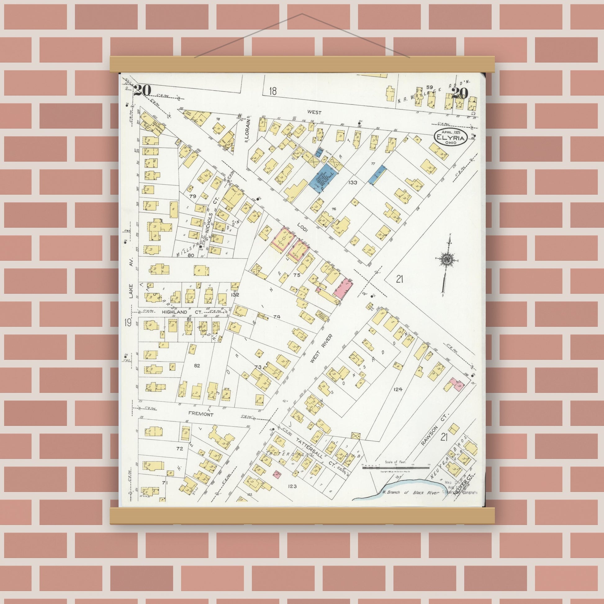 Old map wall art mockup — magnetic wood frame on brick wall — Sanborn Fire Insurance Map from Elyria, Lorain County, Ohio (1925), Sheet #0020