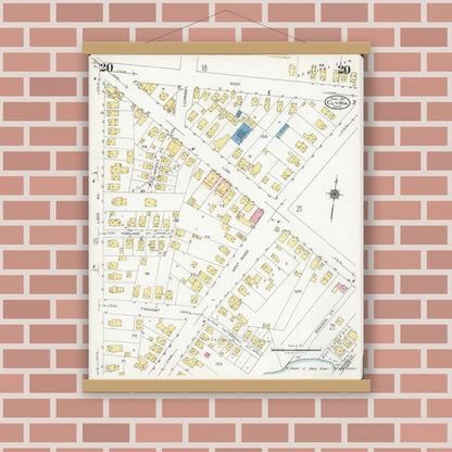 Old map wall art mockup — magnetic wood frame on brick wall — Sanborn Fire Insurance Map from Elyria, Lorain County, Ohio (1925), Sheet #0020
