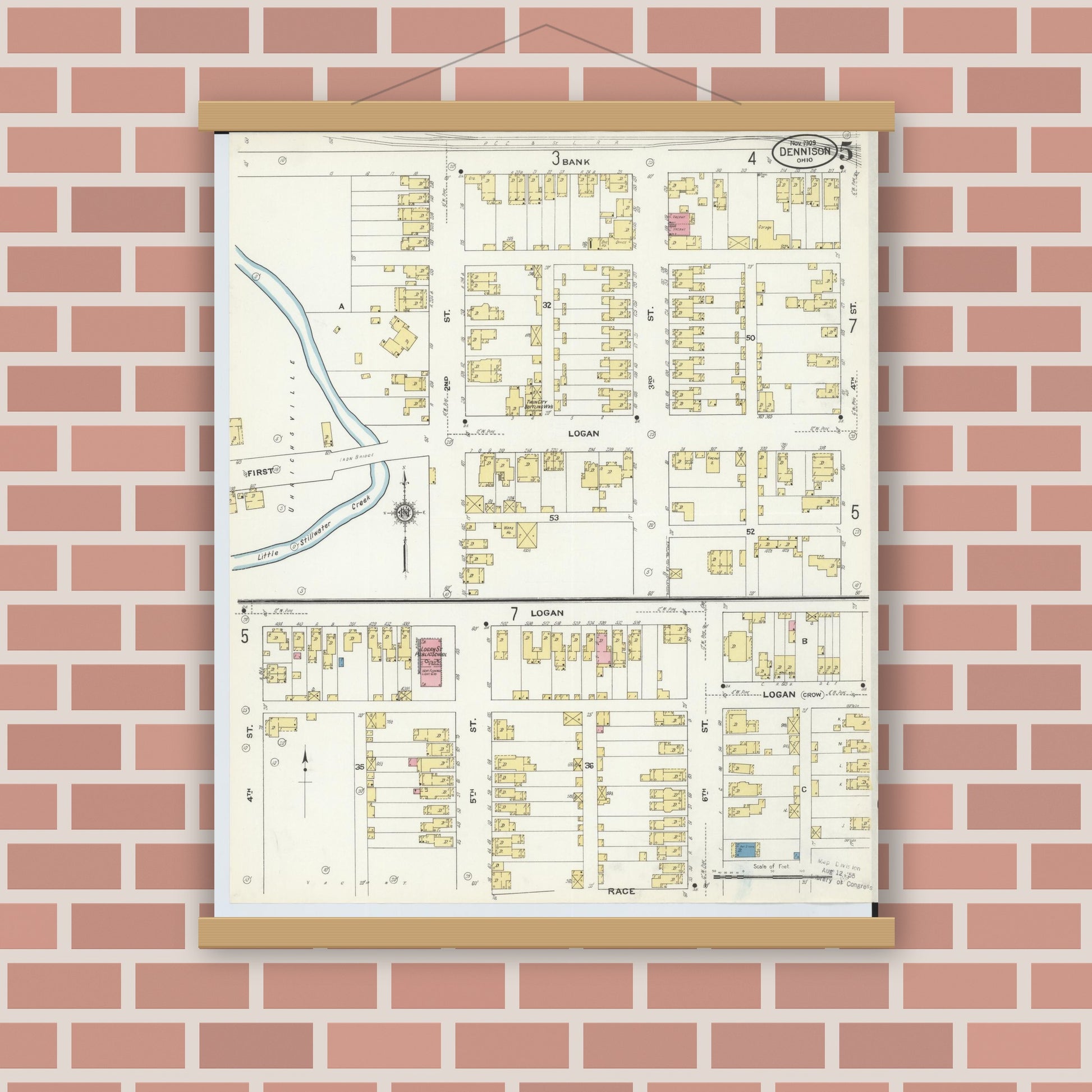 Old map wall art mockup — magnetic wood frame on brick wall — Sanborn Fire Insurance Map from Dennison, Tuscarawas County, Ohio (1909), Sheet #0005