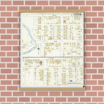 Old map wall art mockup — magnetic wood frame on brick wall — Sanborn Fire Insurance Map from Dennison, Tuscarawas County, Ohio (1909), Sheet #0005