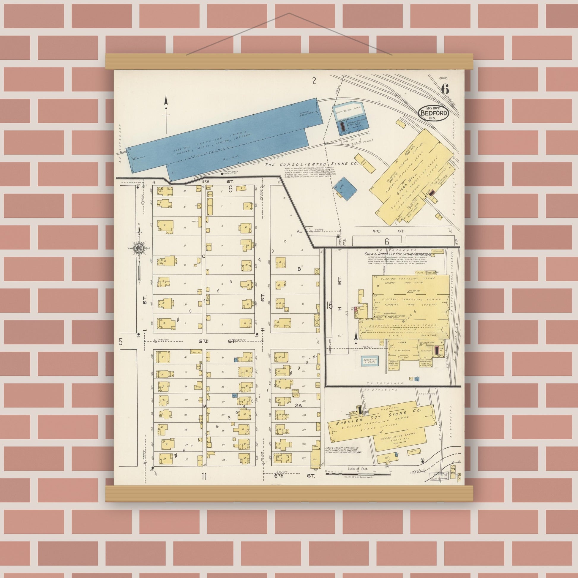 Old map wall art mockup — magnetic wood frame on brick wall — Sanborn Fire Insurance Map from Bedford, Lawrence County, Indiana (1922), Sheet #0006