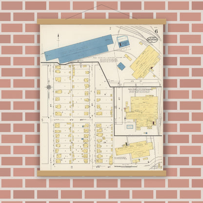 Old map wall art mockup — magnetic wood frame on brick wall — Sanborn Fire Insurance Map from Bedford, Lawrence County, Indiana (1922), Sheet #0006