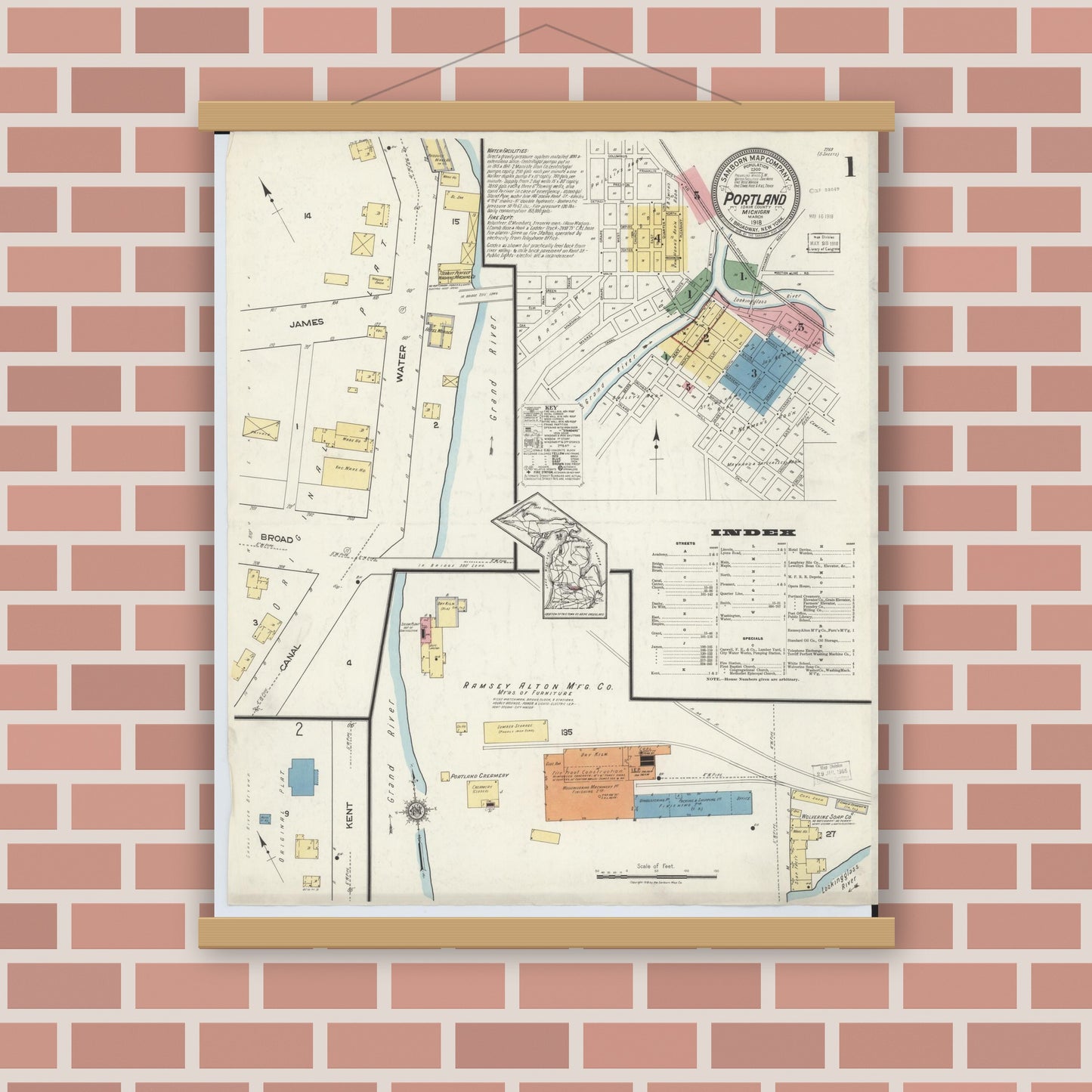 Old map wall art mockup — magnetic wood frame on brick wall — Sanborn Fire Insurance Map from Portland, Ionia County, Michigan (1918) - Complete Map Set