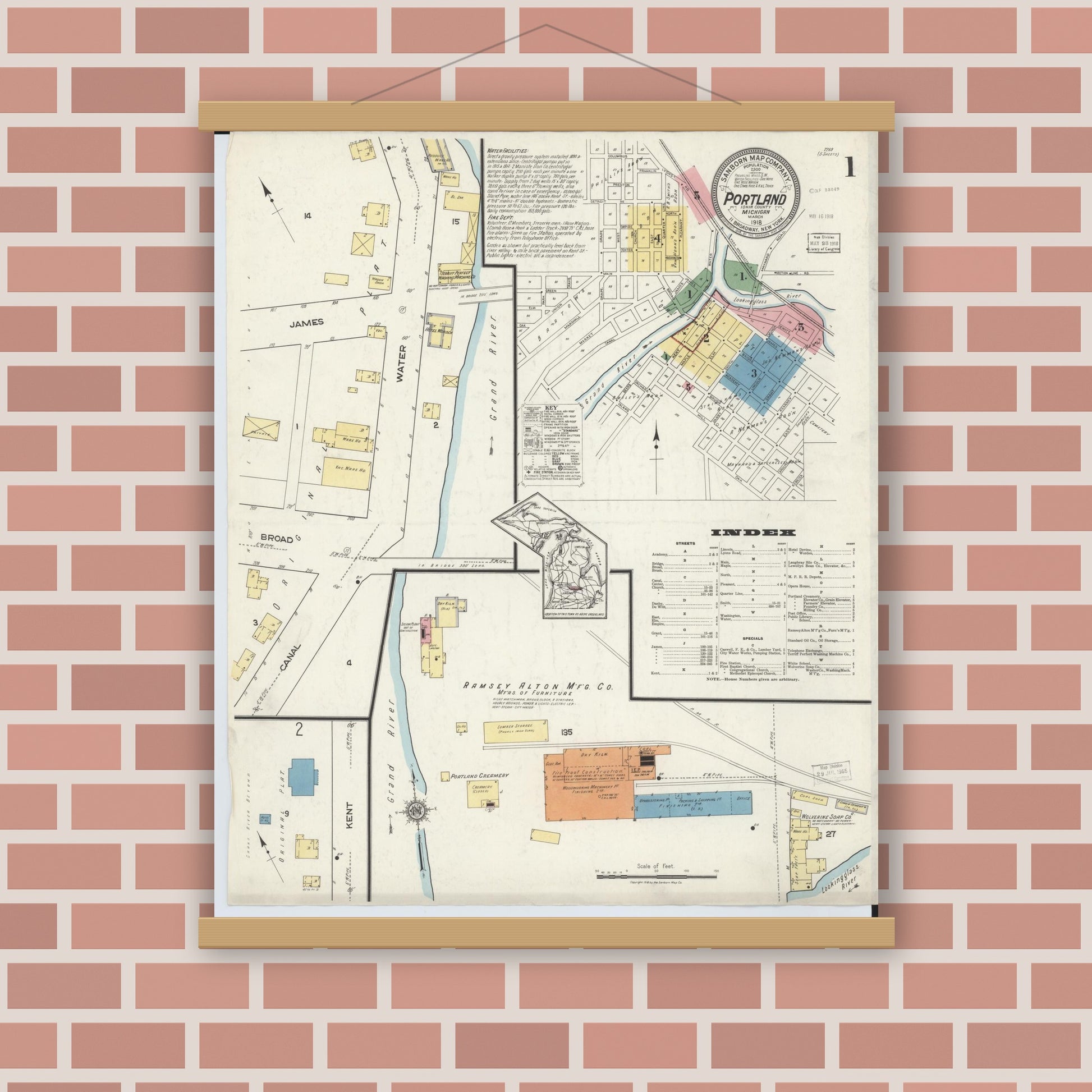 Old map wall art mockup — magnetic wood frame on brick wall — Sanborn Fire Insurance Map from Portland, Ionia County, Michigan (1918) - Complete Map Set