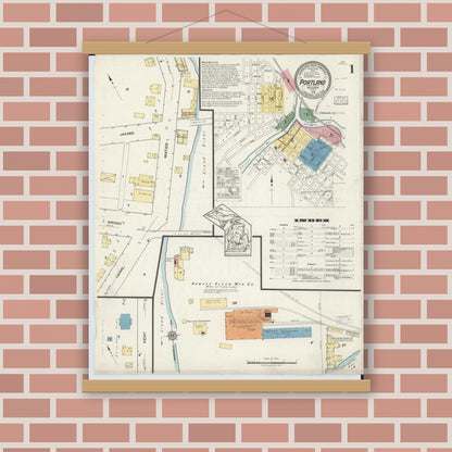 Old map wall art mockup — magnetic wood frame on brick wall — Sanborn Fire Insurance Map from Portland, Ionia County, Michigan (1918) - Complete Map Set