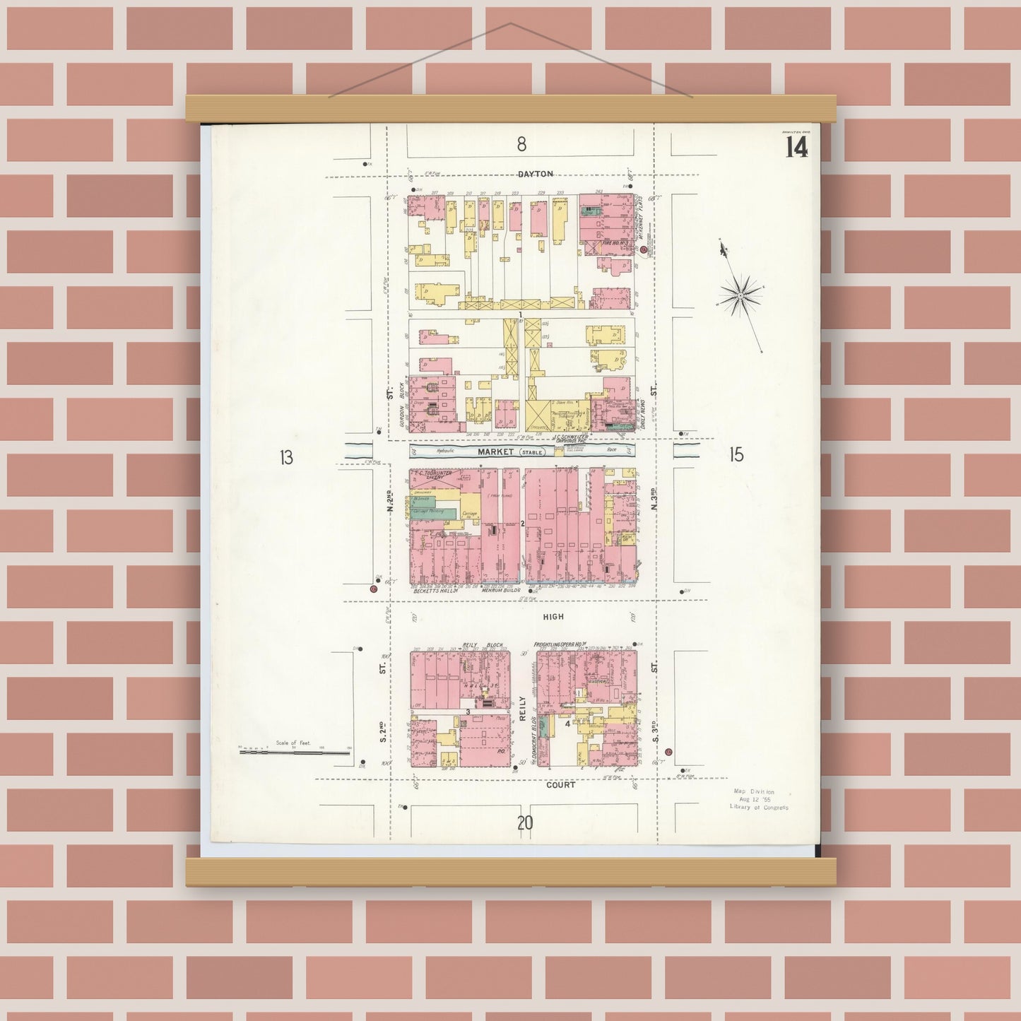 Old map wall art mockup — magnetic wood frame on brick wall — Sanborn Fire Insurance Map from Hamilton, Butler County, Ohio (1899), Sheet #0014