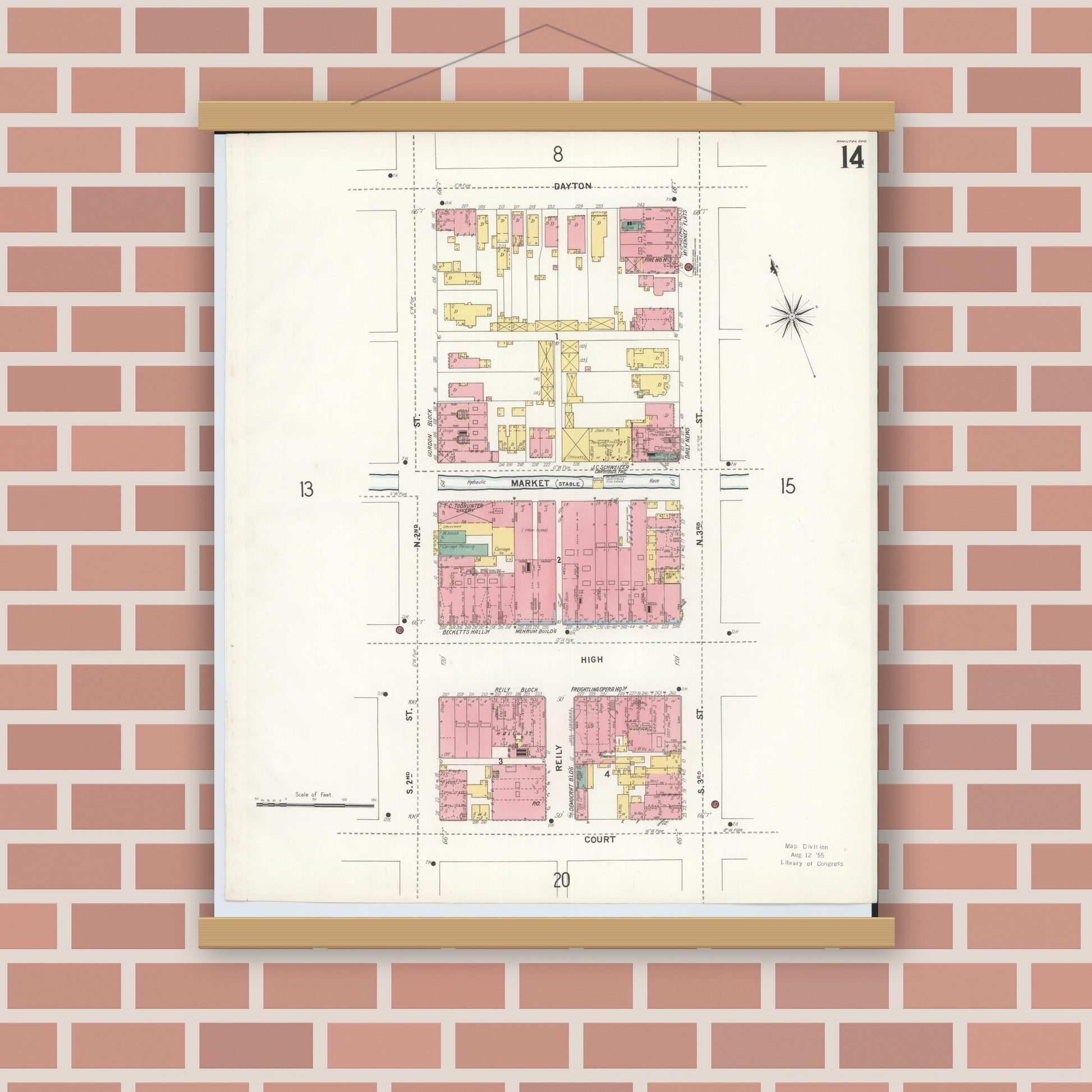 Old map wall art mockup — magnetic wood frame on brick wall — Sanborn Fire Insurance Map from Hamilton, Butler County, Ohio (1899), Sheet #0014