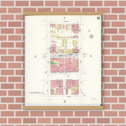 Old map wall art mockup — magnetic wood frame on brick wall — Sanborn Fire Insurance Map from Hamilton, Butler County, Ohio (1899), Sheet #0014