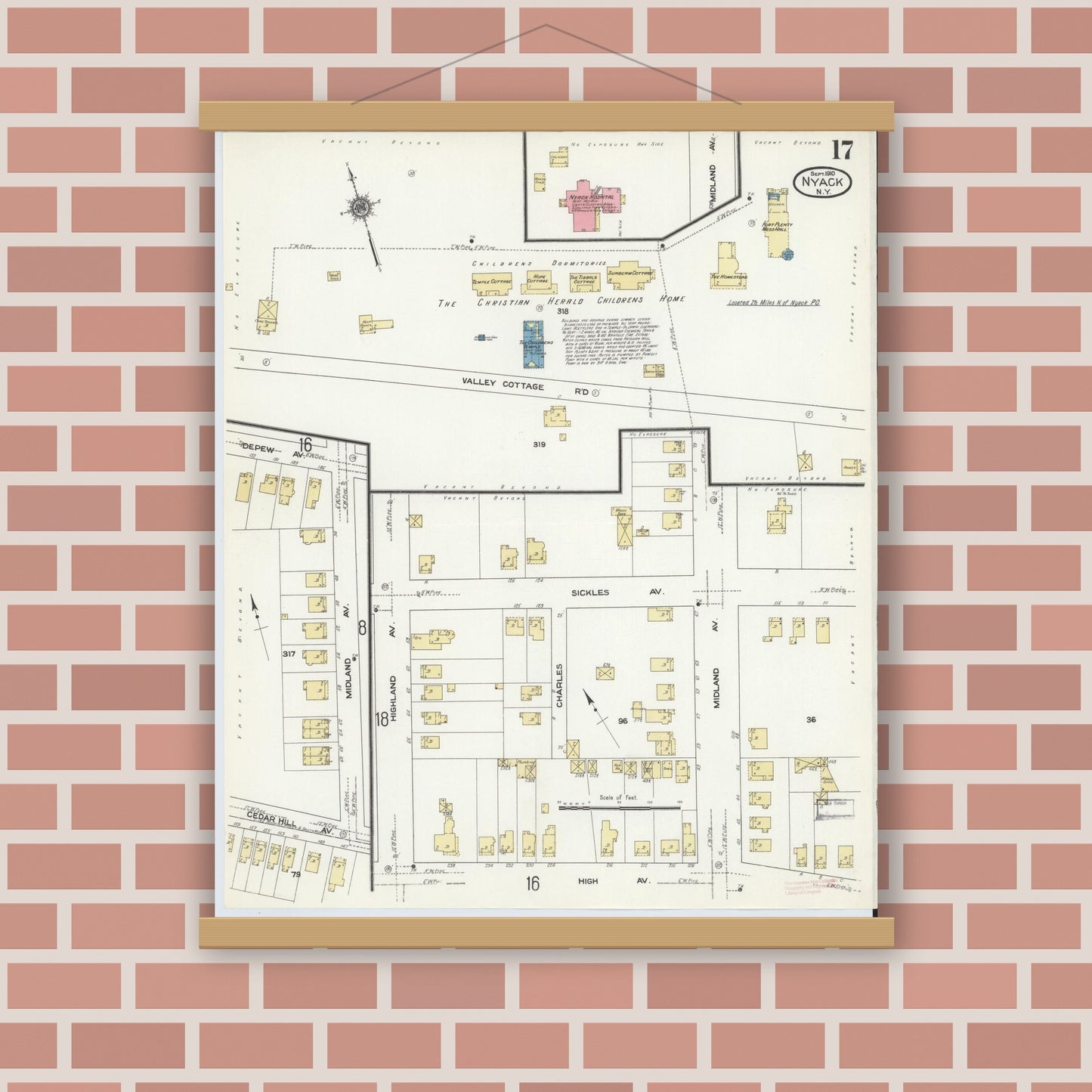 Old map wall art mockup — magnetic wood frame on brick wall — Sanborn Fire Insurance Map from Nyack, Rockland County, New York. (1910), Sheet #0017